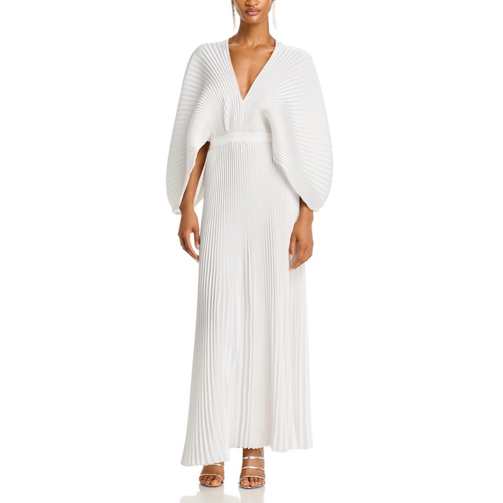 L'IDEE Versailles Pleated Gown Ivory V-Neck Draped Sleeve Maxi Dress 4 Small